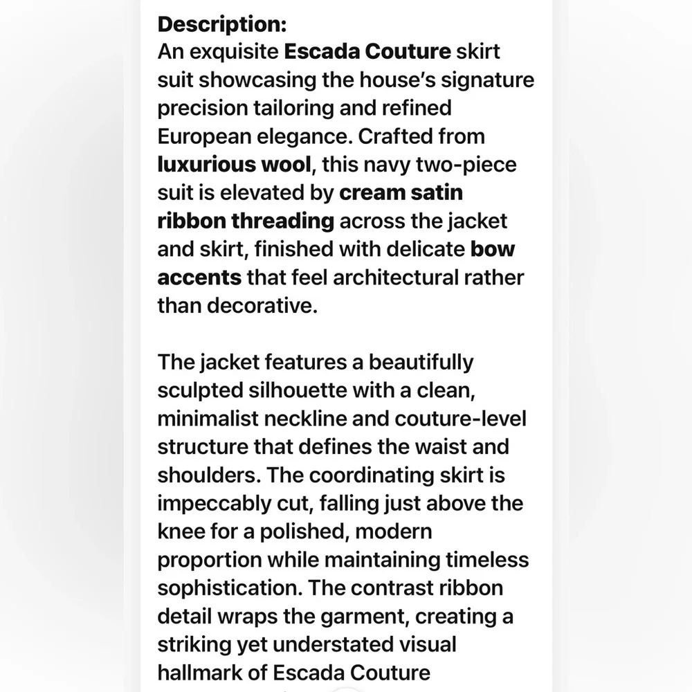 Escada Couture Vintage Navy Wool Skirt Suit Ribbon Detail Excellent Size 40 / 10